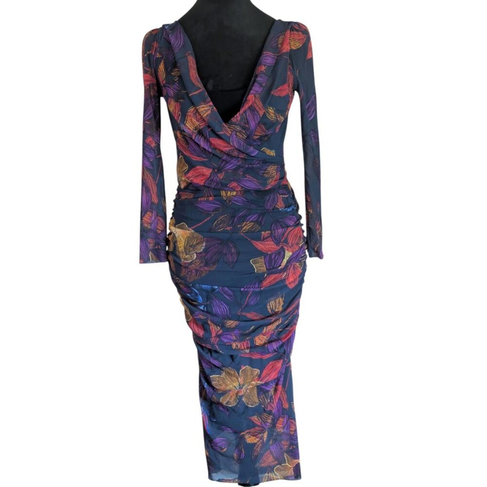 Fuzzi Italy Printed Whimsigoth Y2K Nylon Tulle Mesh Ruched Bodycon Dress M